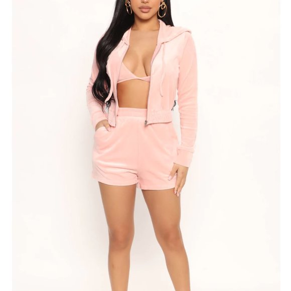 FashionNova Feeling Fortunate 3 Piece Velour Short Set - Peach - Picture 2 of 9